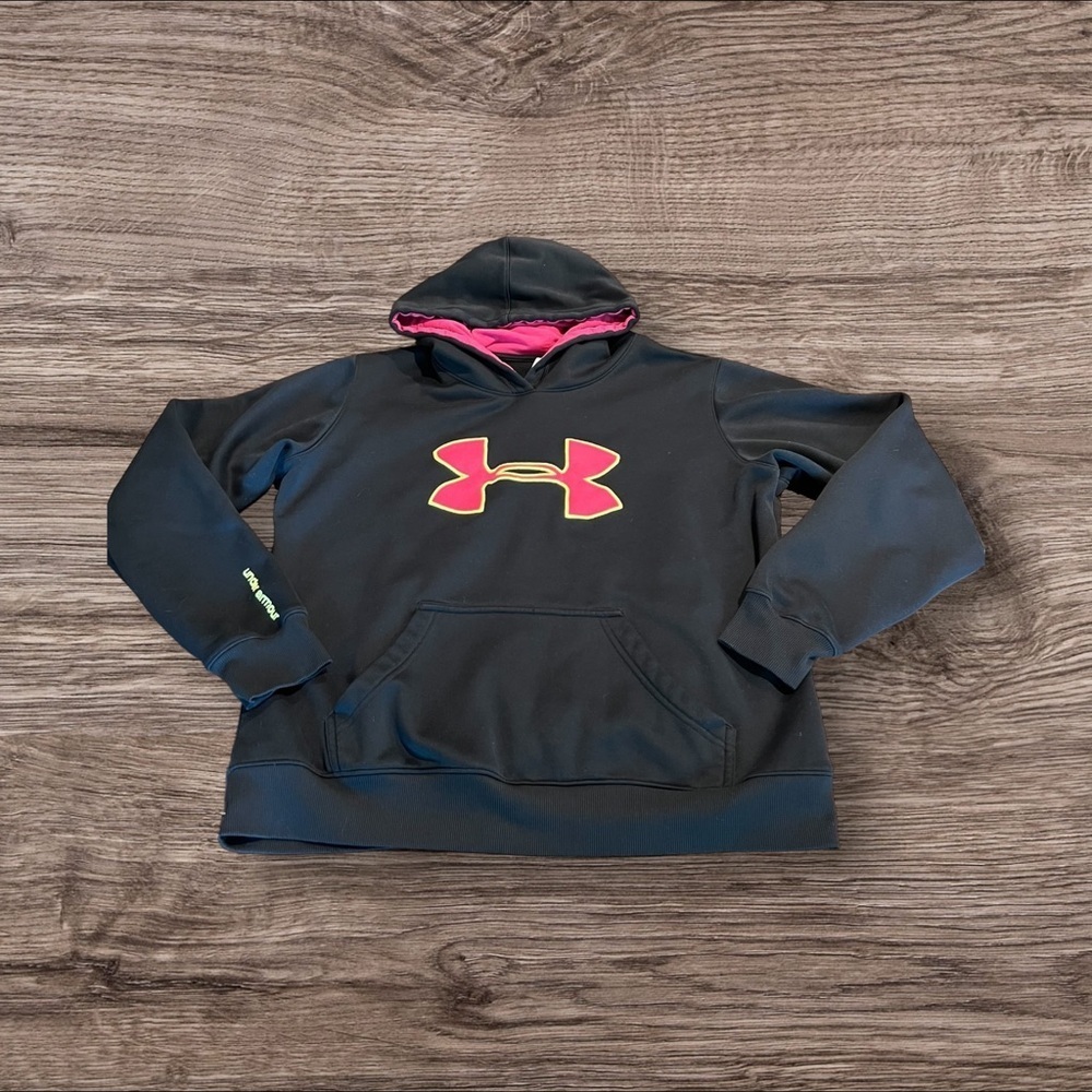 Under Armour Black Sweatshirt Hoodie Pink Stitched Emblem Yellow Size Medium